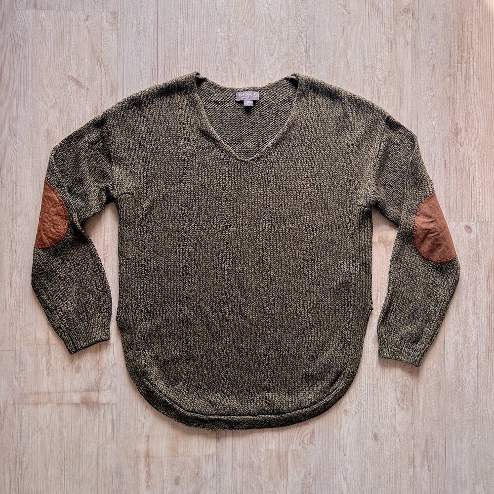 Francesca's Collections V-Neck Sweater with Tan Elbow Patch - Forest Green